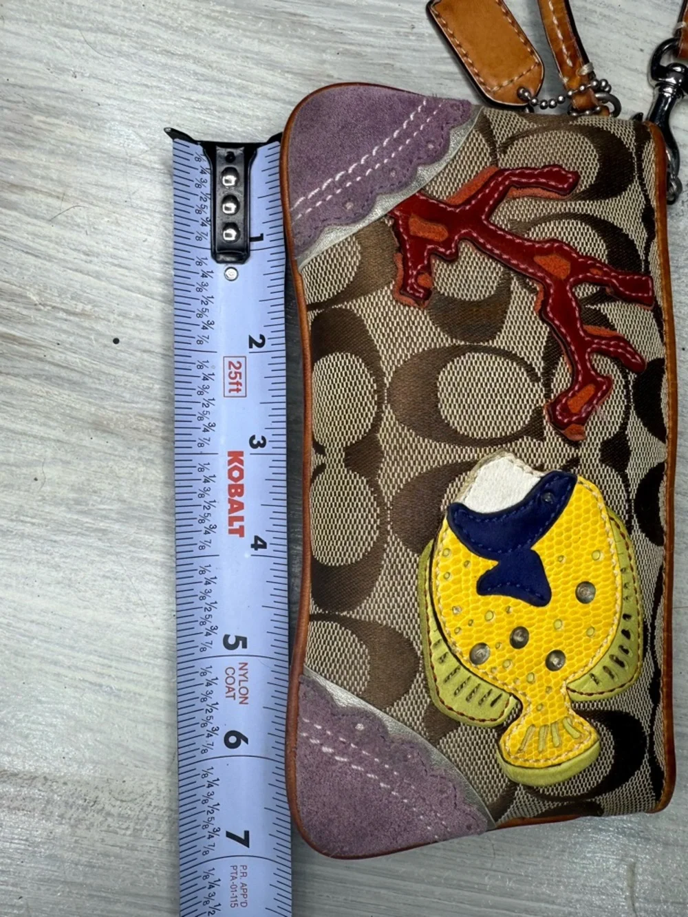 Rare Vintage Coach Canvas Wristlet with Fish Applique - Tan & Yellow